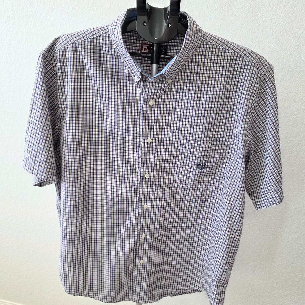 CHAPS EASY CARE MENS XXL MARRON, NAVY AND WHITE PLAID SHORT SLEEVE SHIRT